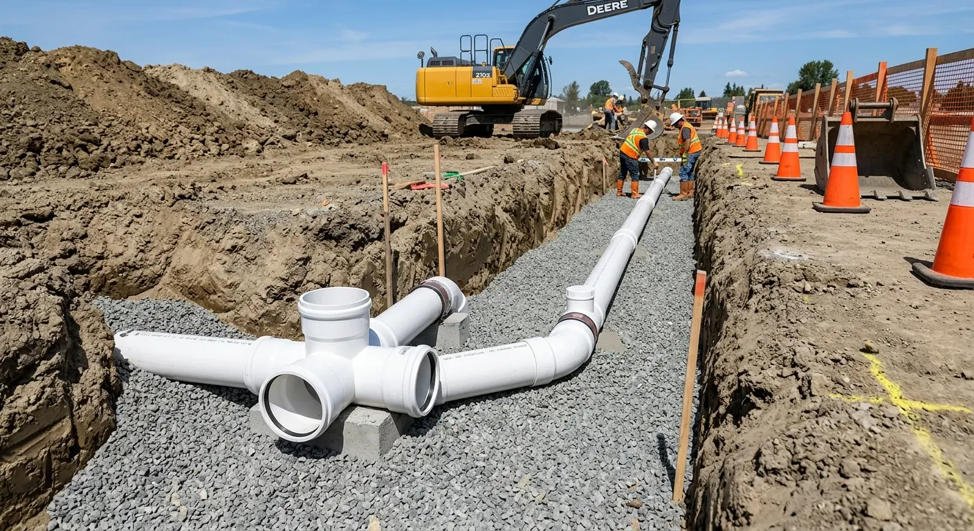 New PVC sewer pipe installation in open trench for Commercial Drain Cleaning in Caln