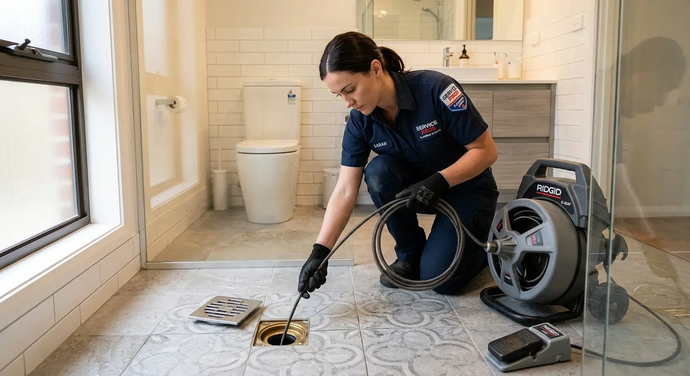 Technician clearing a bathroom floor drain for Sewer Line Replacement in Caln